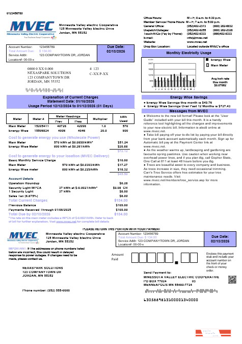 USA Minnesota Valley Electric Cooperative (MVEC) business utility bill template in Word and PDF formats